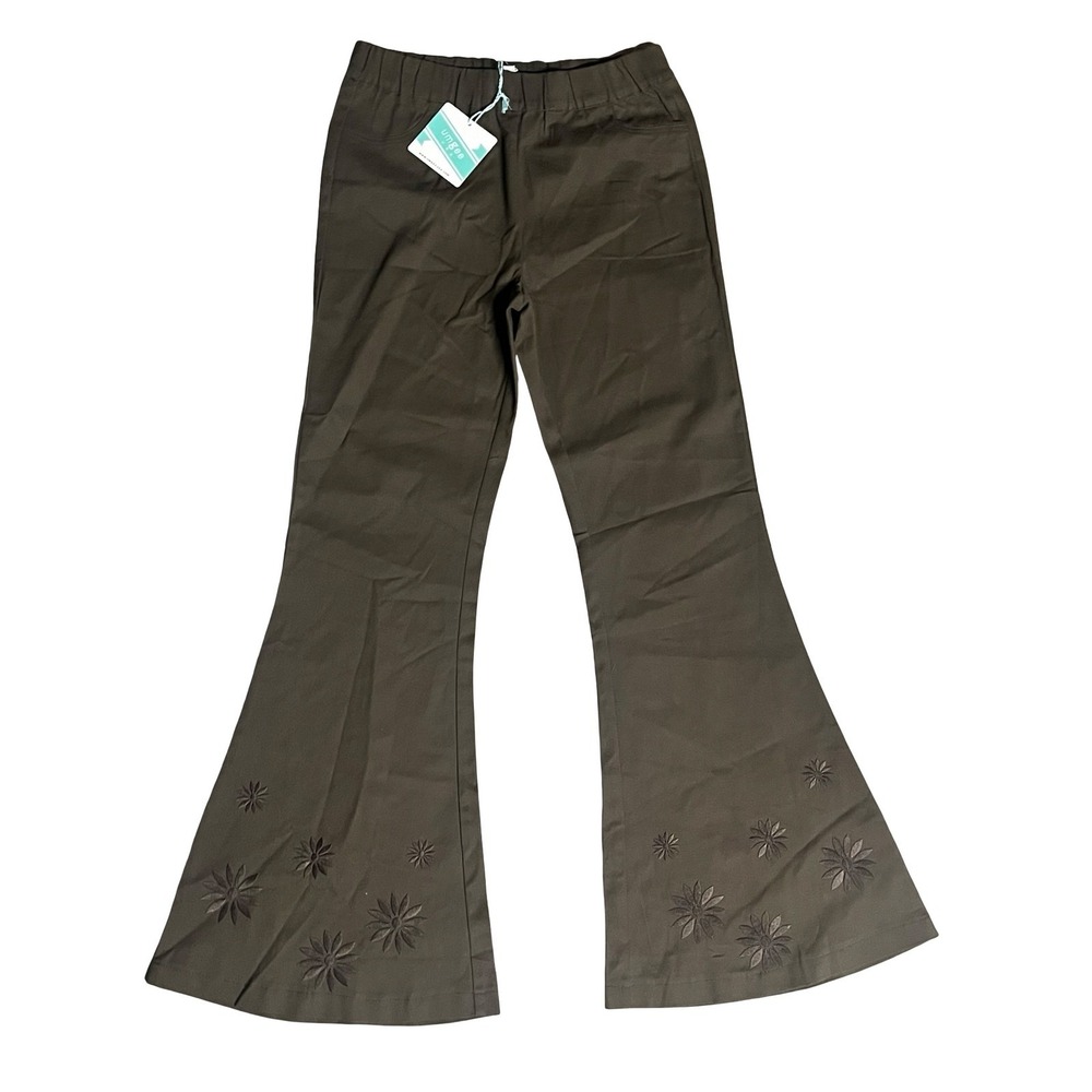 Umgee Flare Pants Brown Embroidered Floral Womens Medium Elastic Waist Boho